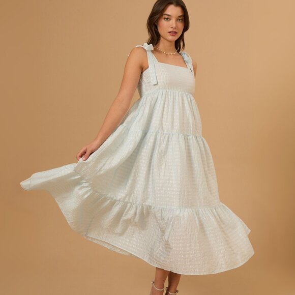Altar'd State Dresses & Skirts - ELAINE Maxi Dress- Tie Straps with Tiered Blue Checkered Shimmer Design